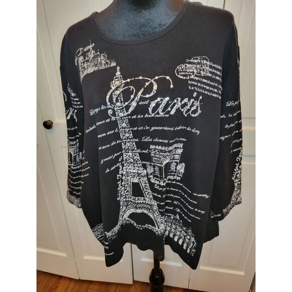 Vintage Y2k Black/White Paris Eiffel Tower Graphic Tee Rhinestones 3X Grunge - Picture 1 of 9